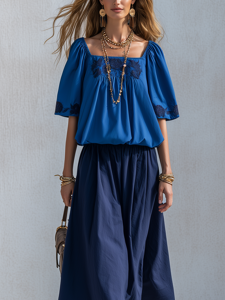 Briar | Cotone Lino Blu Colour-blocked Gonna Completo