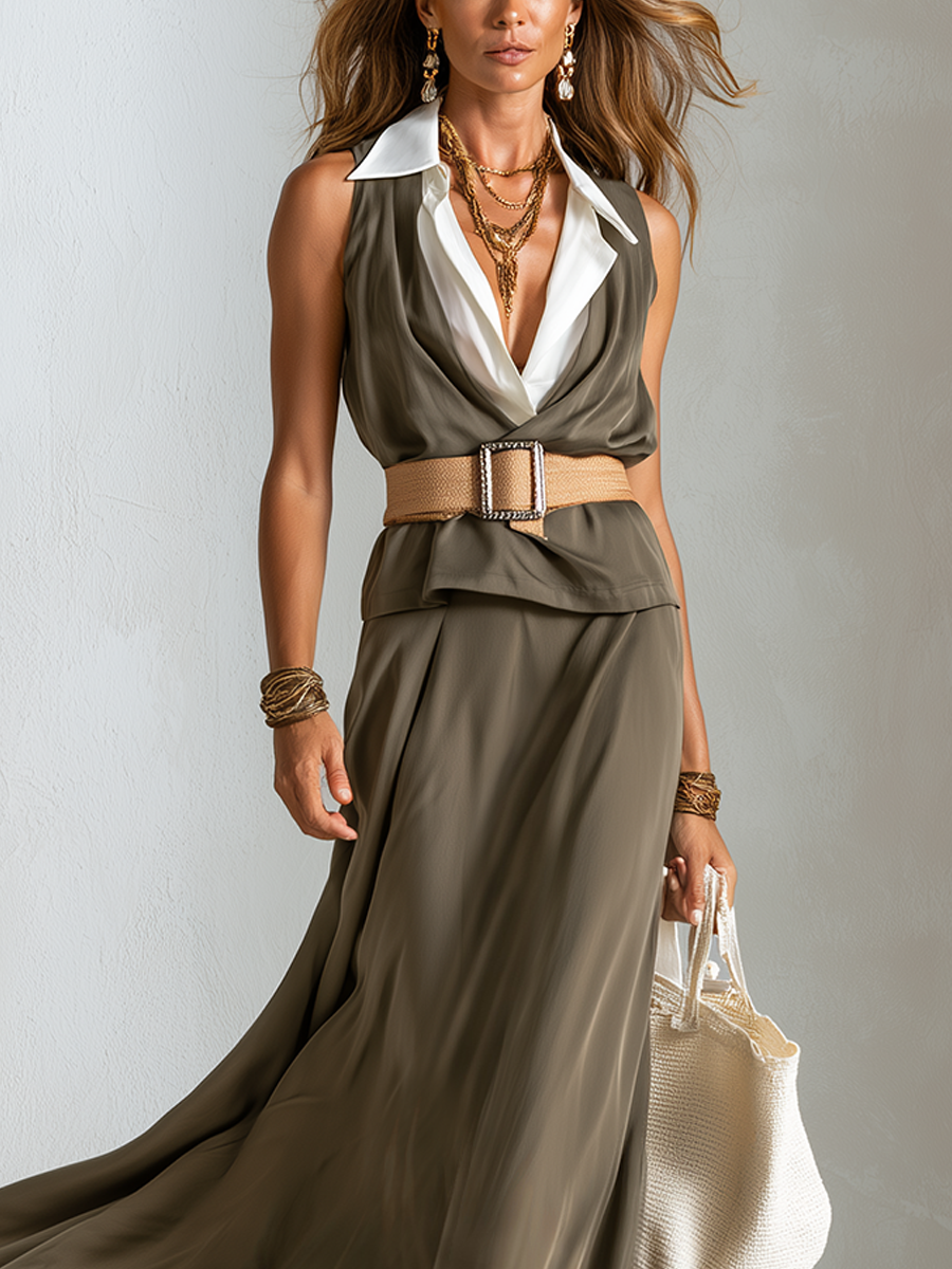 Ursula | Oliva Verde Lapel Maxi Abito