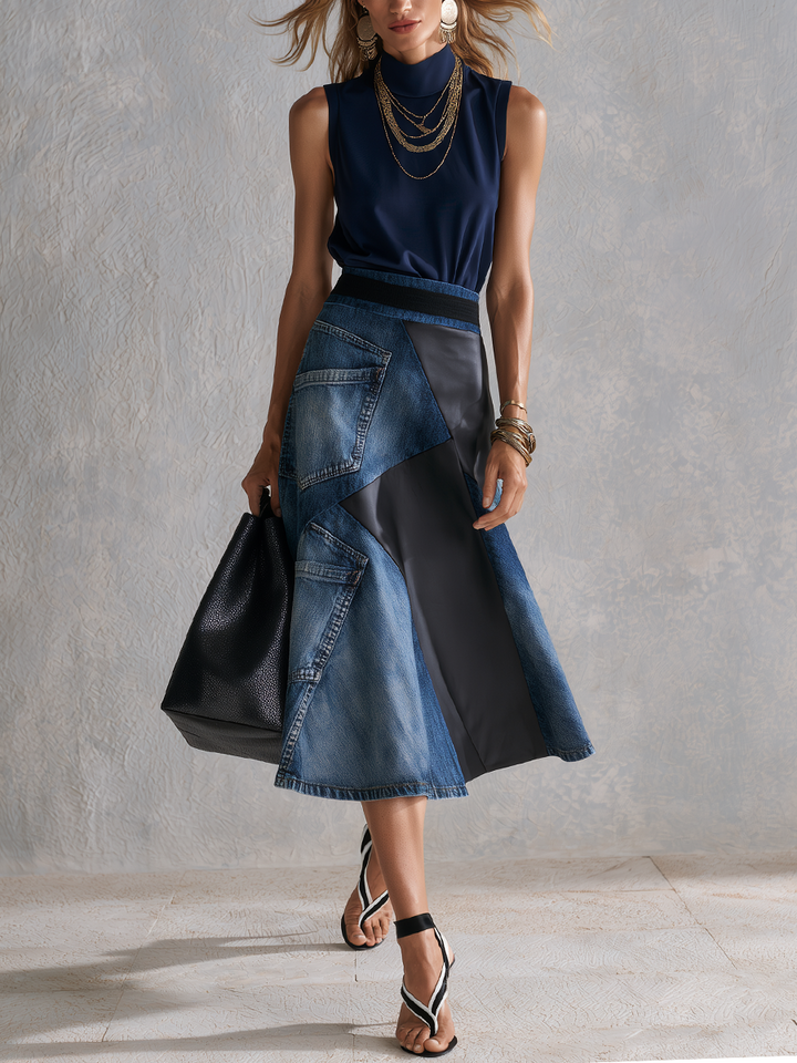 Tabitha | Blu Top Asymmetrical Denim Patchwork Gonna