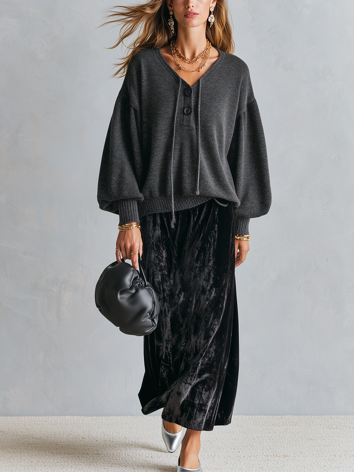 Sophia | Nero Maglia Top And Velluto Gonna