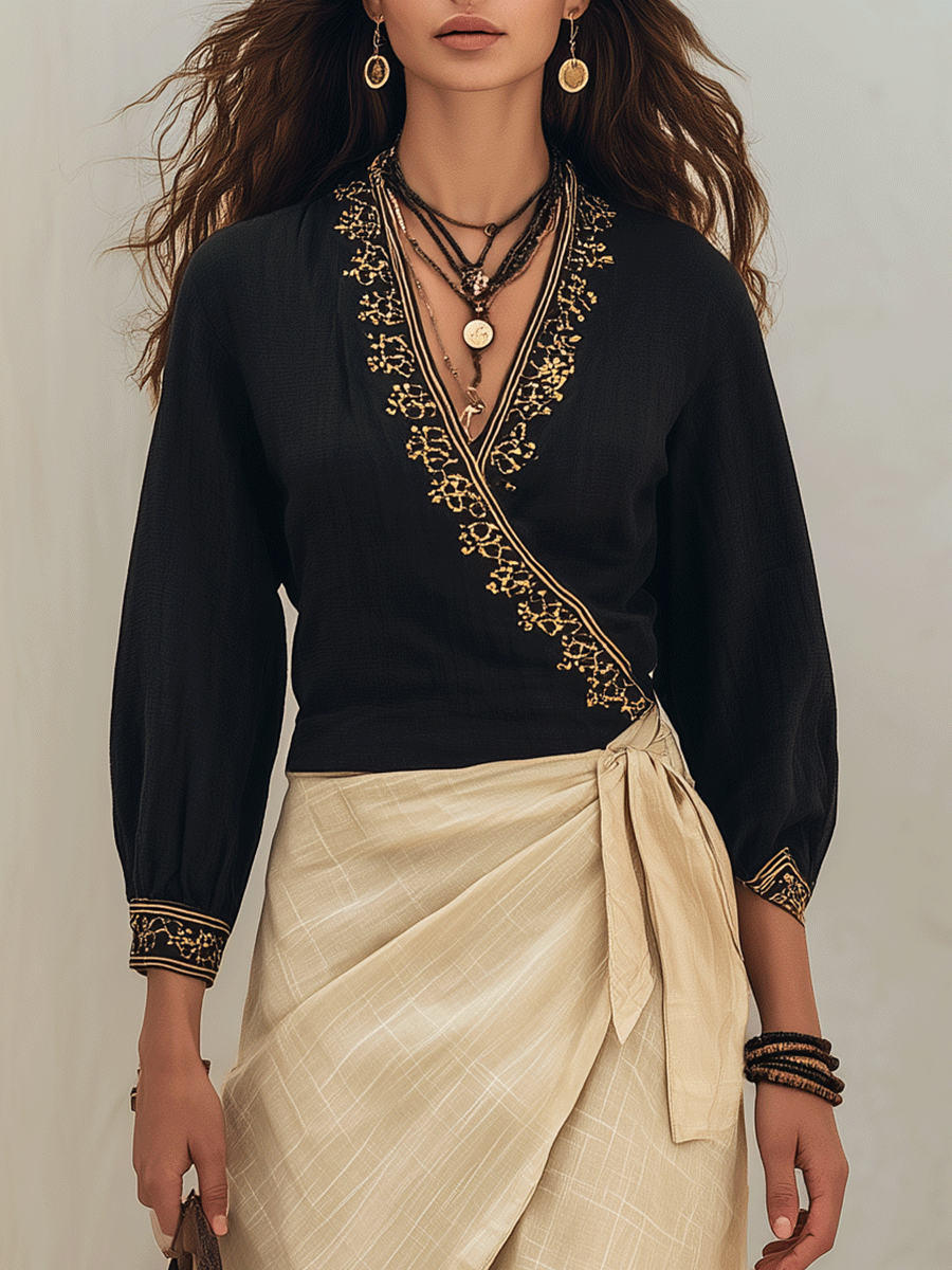 Lavinia | Chic Embroidered Nero Top & Lino