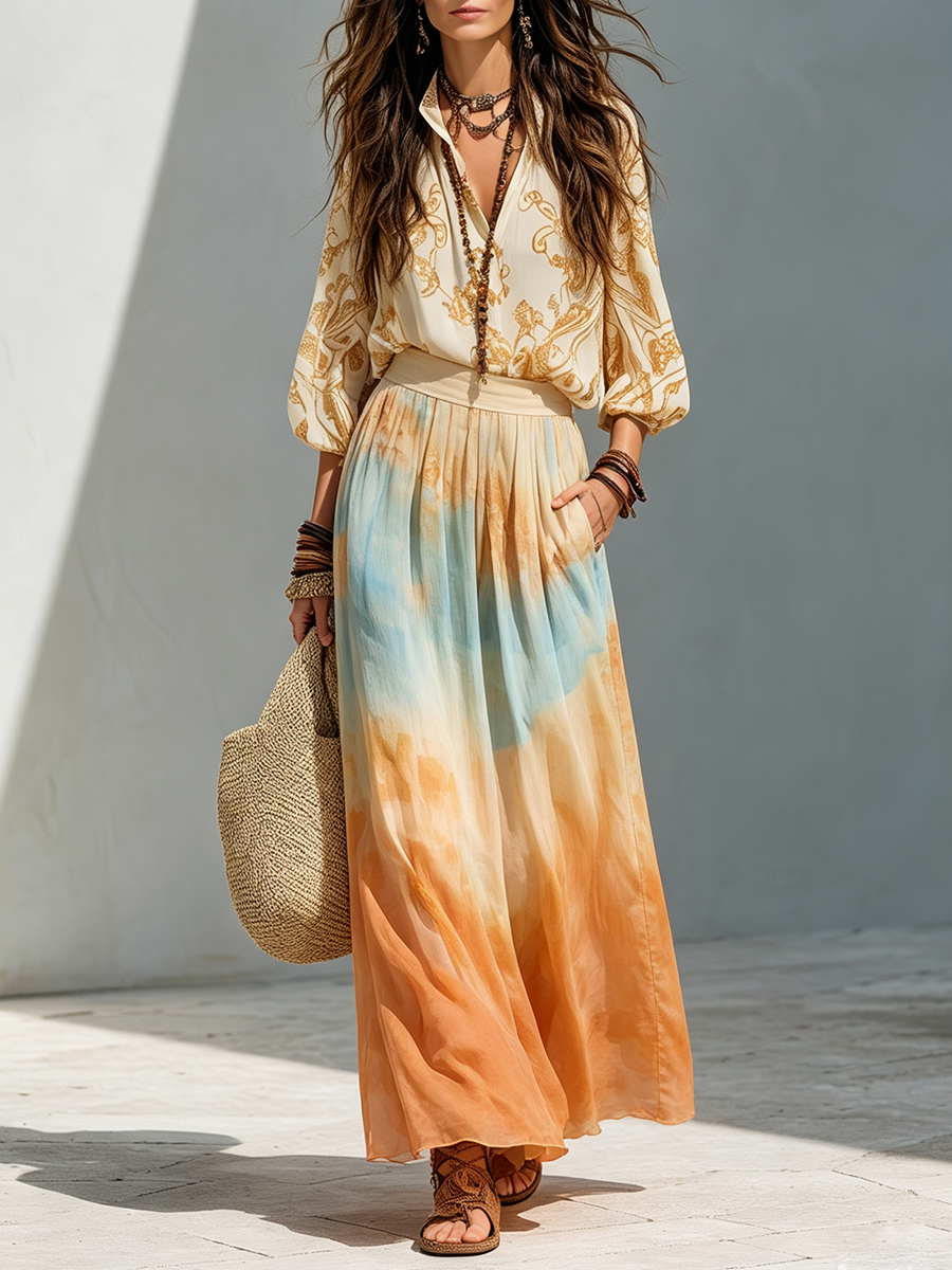 Katherine | Balloon Sleeve Camicia And Watercolor Maxi