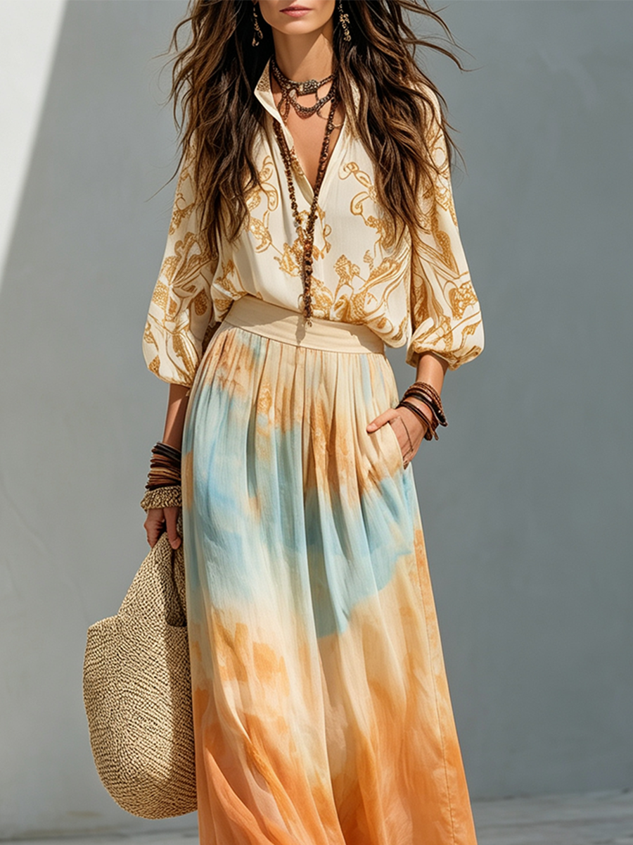 Katherine | Balloon Sleeve Camicia And Watercolor Maxi