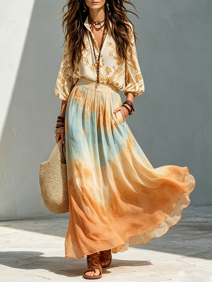 Katherine | Balloon Sleeve Camicia And Watercolor Maxi