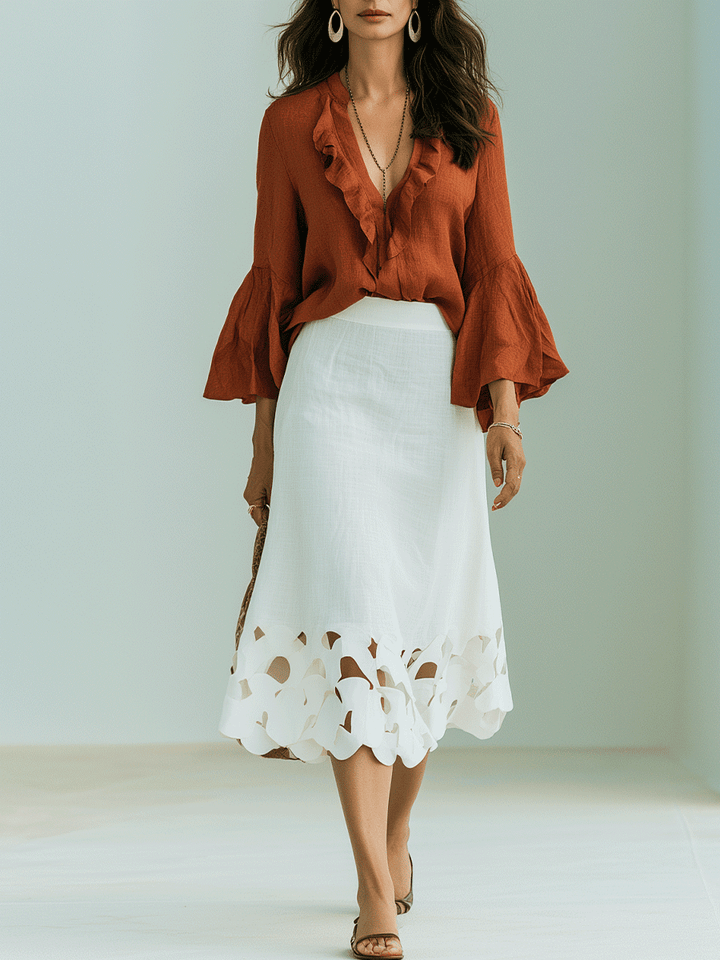 Harriet | Rust Ruffle Camicetta & Bianco Cutwork