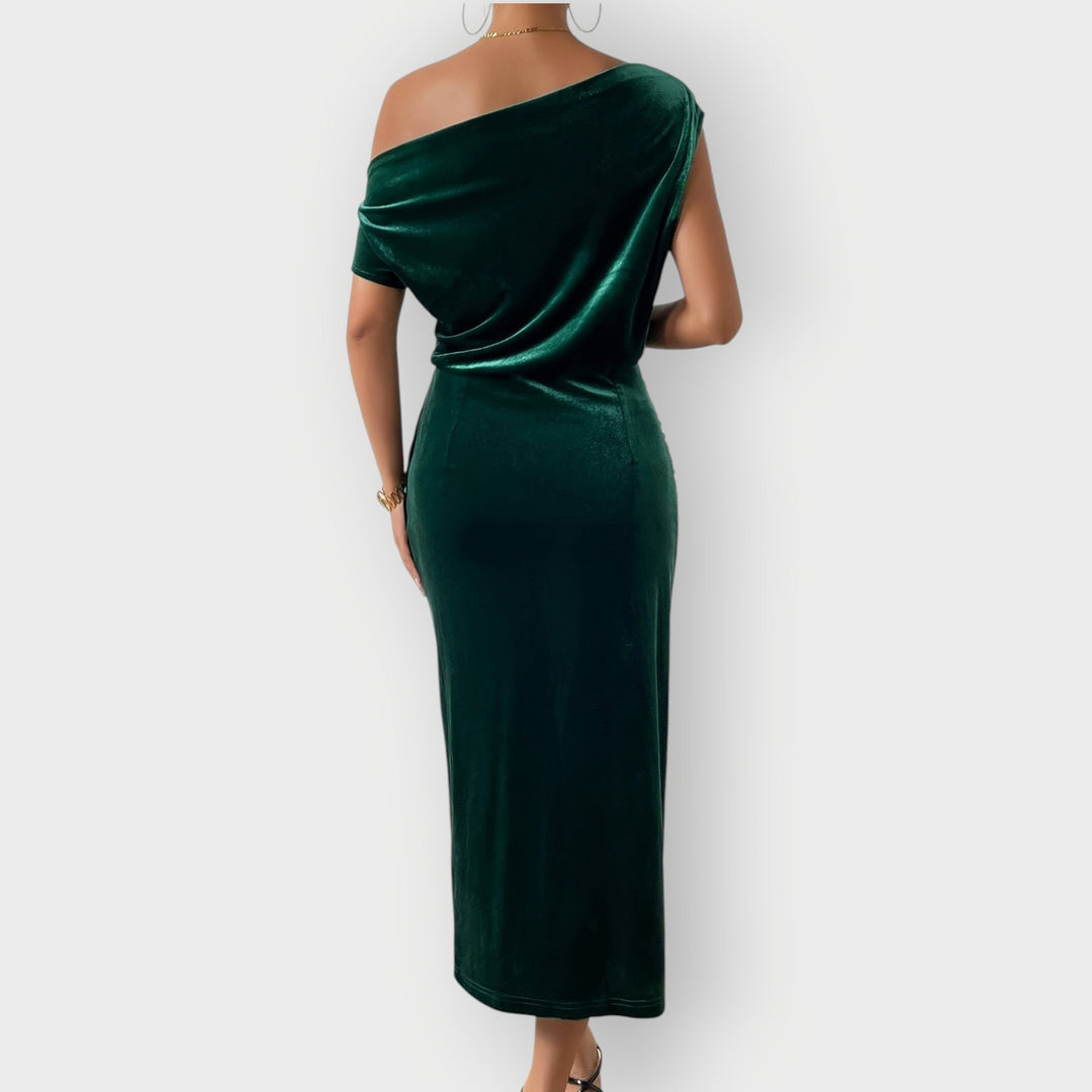 Saeviah | Abito Midi in Velluto Drappeggiato a Spalle Scoperte