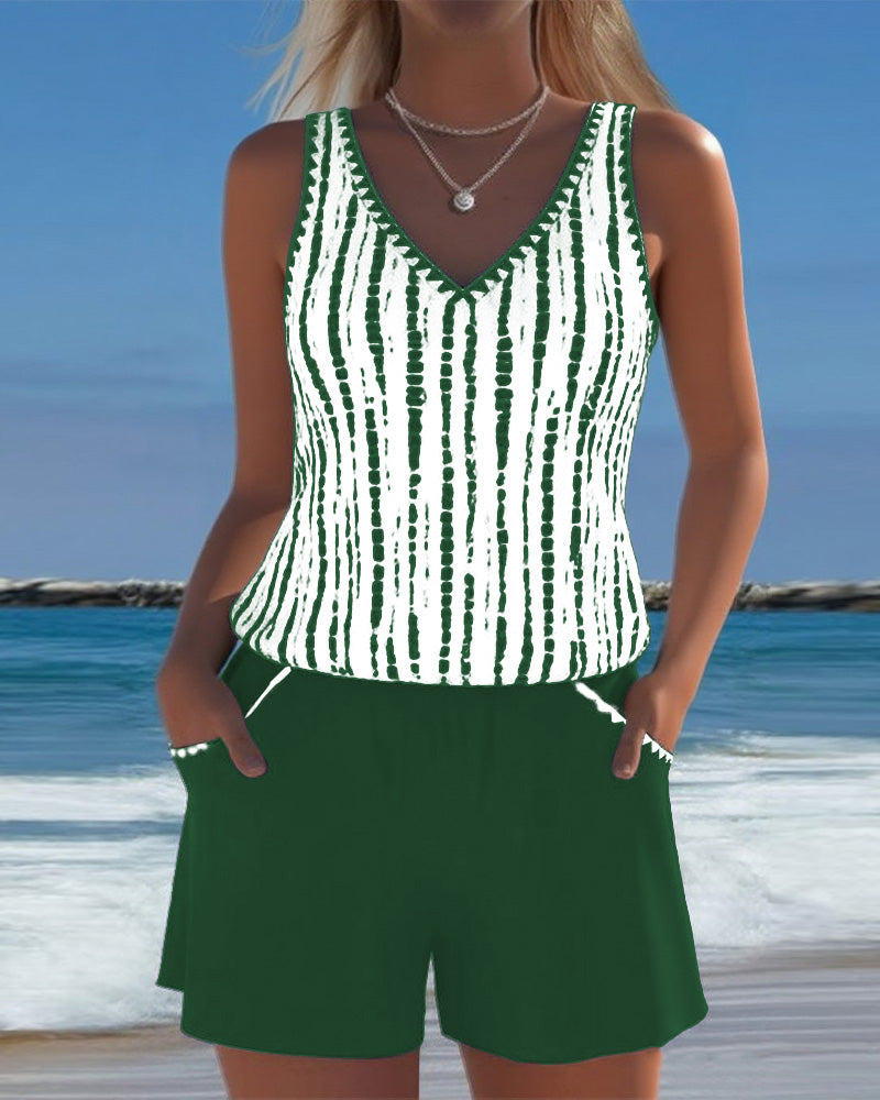 Mia | Costume da Bagno Due Pezzi Stampato Scollo a V con Tasche