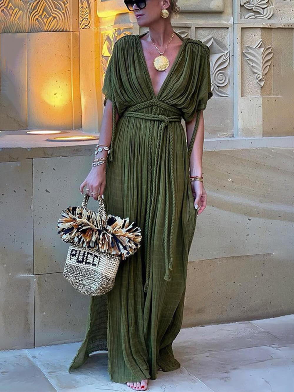 Elena | Maxi Abito con Spacco Laterale, Stile Kimono e Dettaglio Intrecciato
