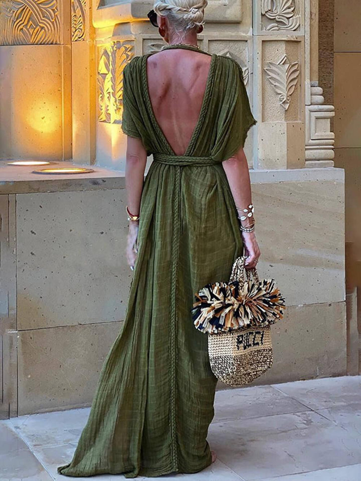 Elena | Maxi Abito con Spacco Laterale, Stile Kimono e Dettaglio Intrecciato