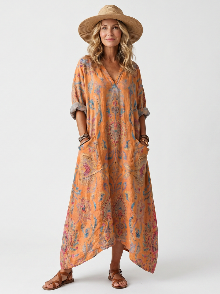 Romy | Abito Midi Stampato con Collo a Revere e Tasche Oversize