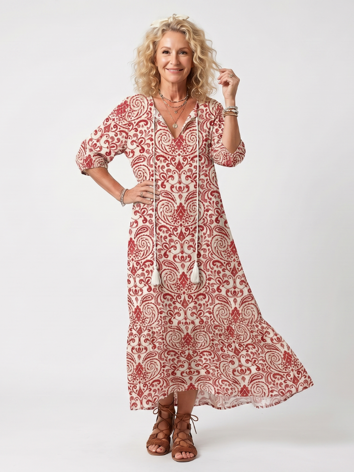 Noelle | Abito Midi a Stampa Elaborata con Coulisse e Nappine