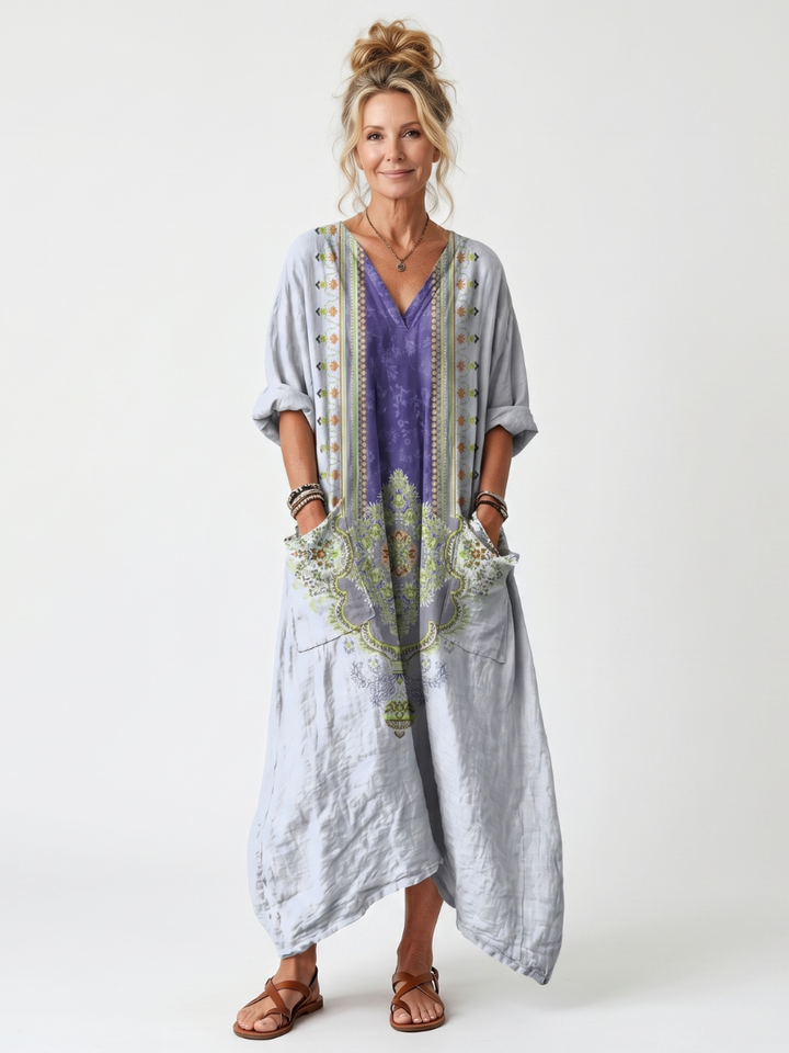 Raina | Abito Midi con Pannelli a Contrasto, Ricami e Tasche Oversize