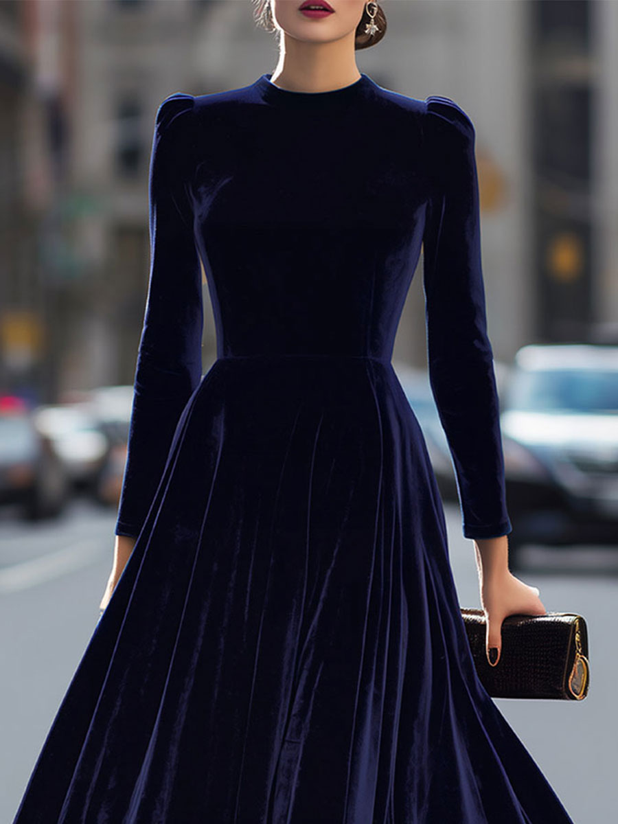 Elissa | Blu Navy Blu Manica Lunga Midi Abito