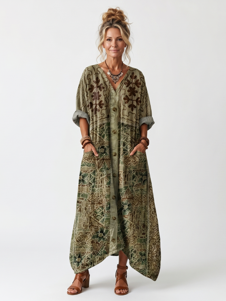 Aleta | Abito Midi con Bottoni, Ricami e Tasche Oversize