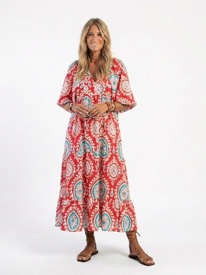 Zaria | Abito Midi Stampa Paisley Scollo a V Manica Corta