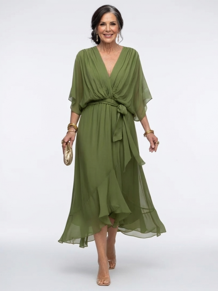 Elysia | Draped Waist-Tie Midi Abito