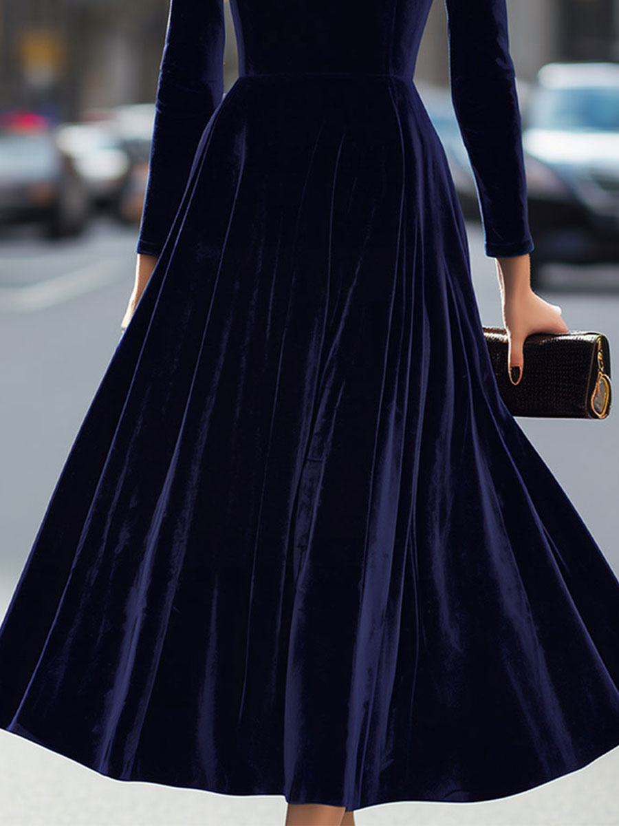 Elissa | Blu Navy Blu Manica Lunga Midi Abito
