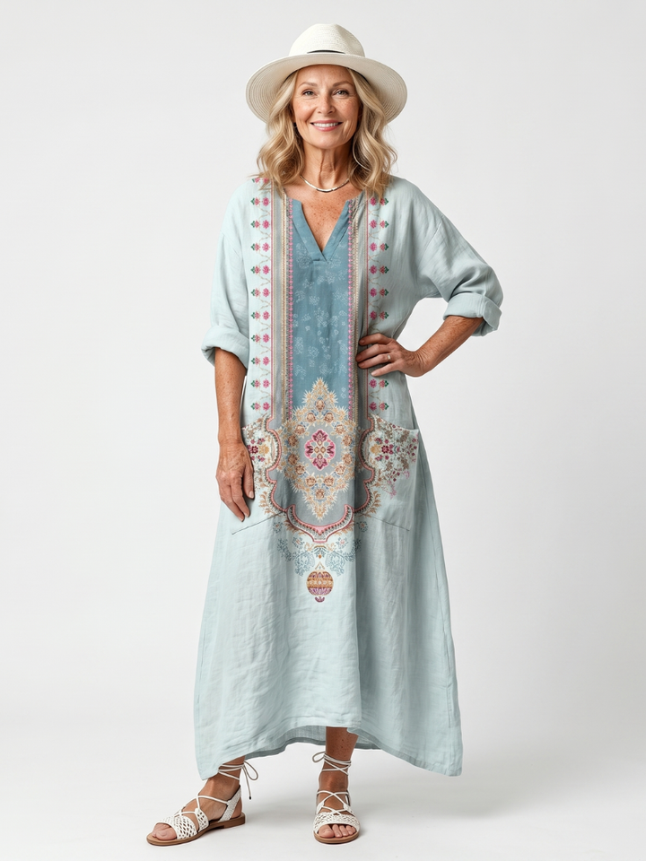 Kassiani | Abito Midi Ricamato con Pannelli e Tasche Oversize