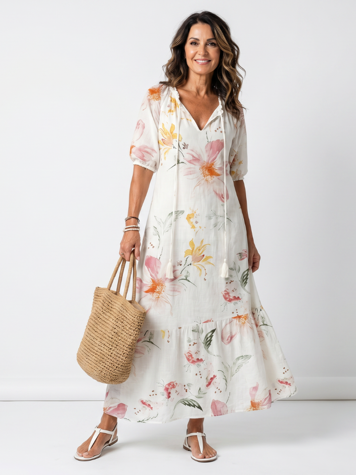 Noa | Abito Midi Floreale a Balze con Nappine