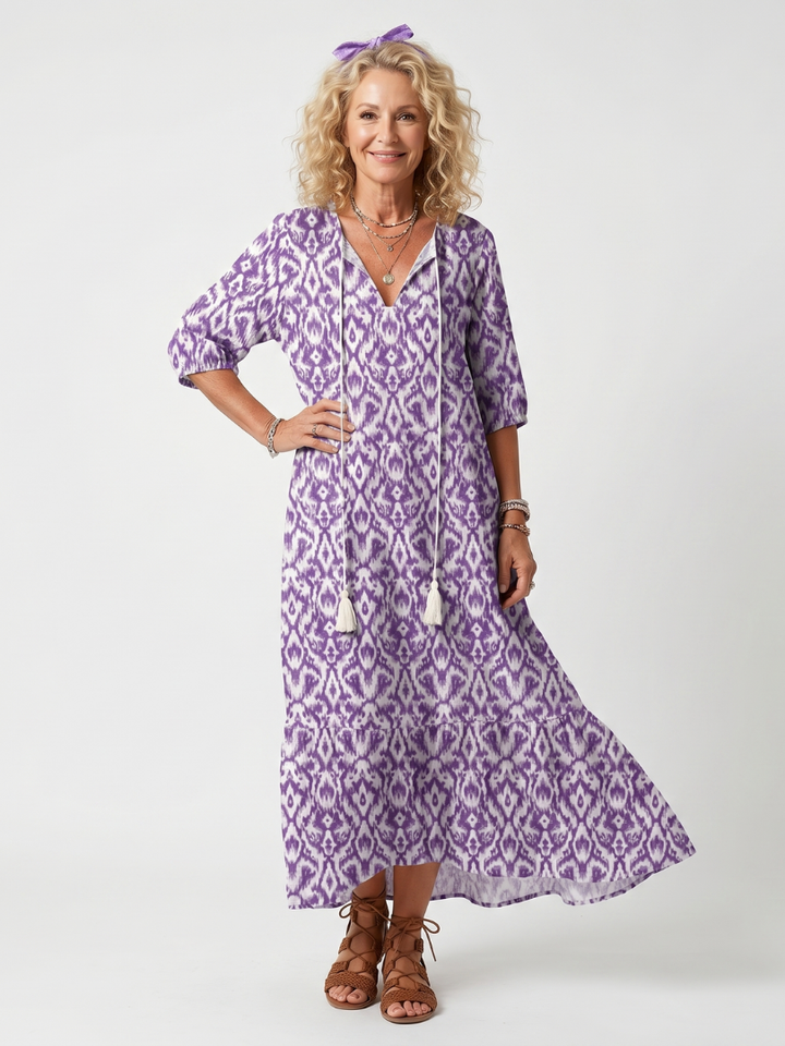 Penelope | Abito Midi Stampato con Coulisse e Nappine