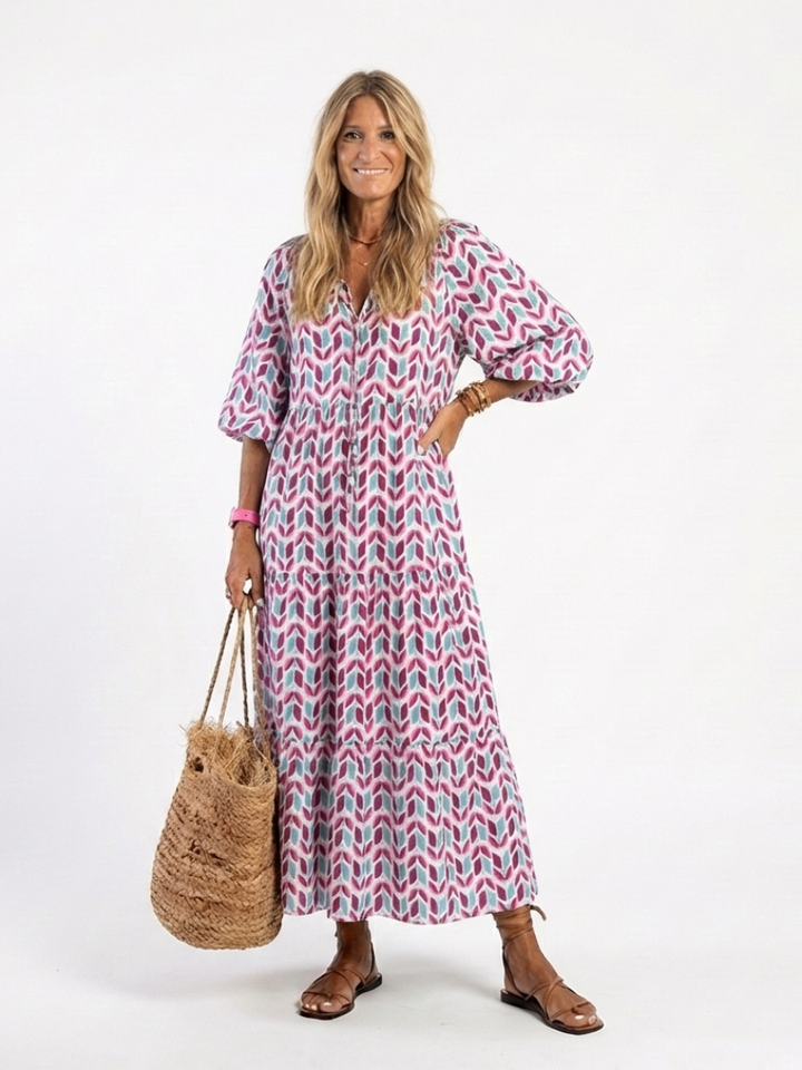 Mireya | Abito Midi a Balze Maniche Lunghe Stampa Geometrica