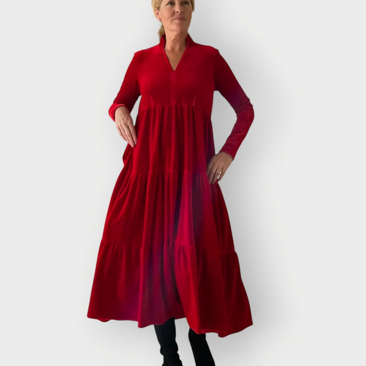 Luvira | Abito in Velluto Rosso a Balze