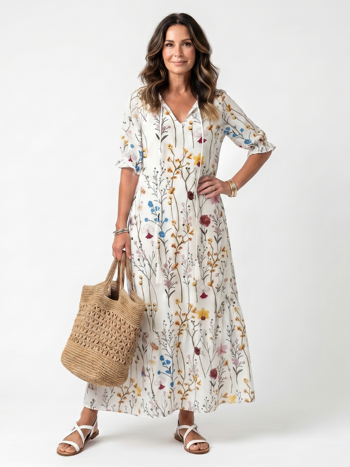 Sylvie | Abito Midi Stampa Botanica con Coulisse e Nappine