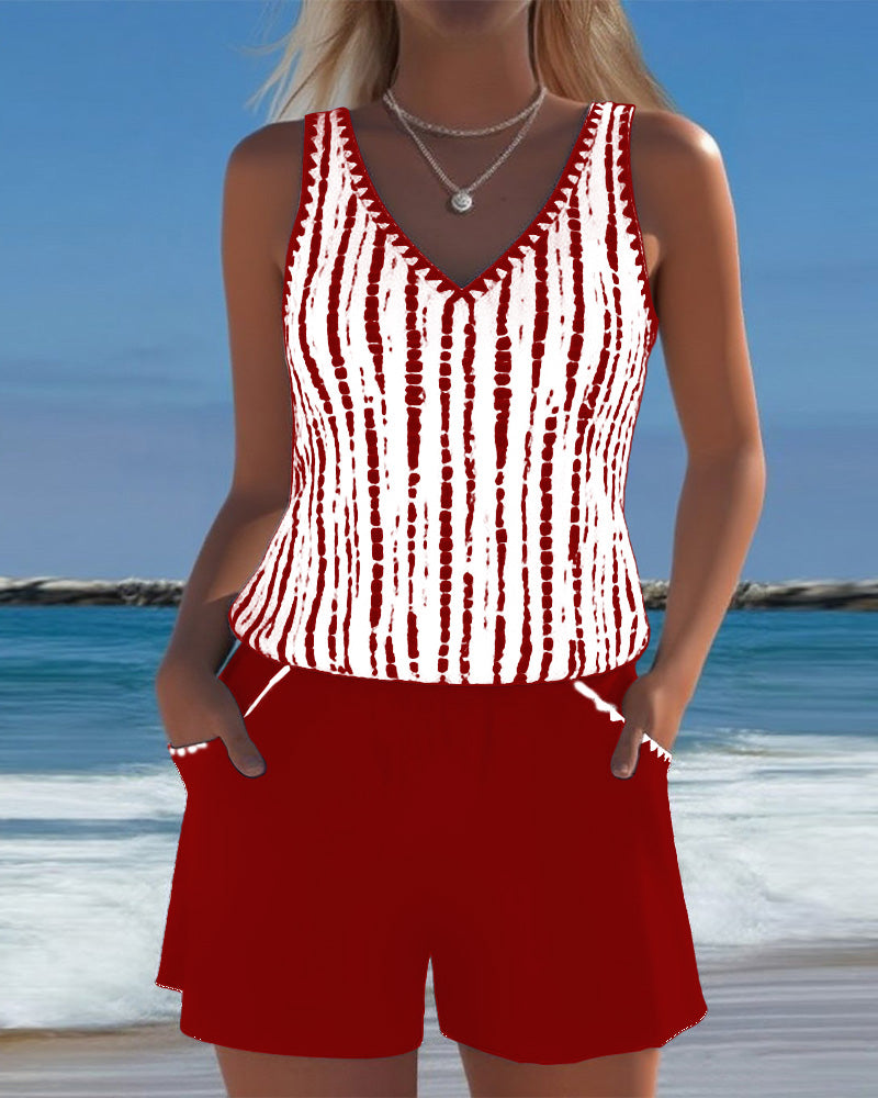 Mia | Costume da Bagno Due Pezzi Stampato Scollo a V con Tasche