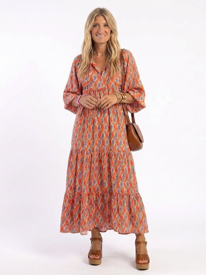 Marisette | Abito Midi a Balze Stampa Geometrica Scollo a V
