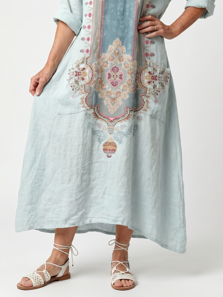 Kassiani | Abito Midi Ricamato con Pannelli e Tasche Oversize
