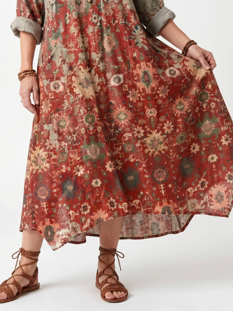 Marigolde | Abito Midi Comodo a Fantasia Mista con Tasche