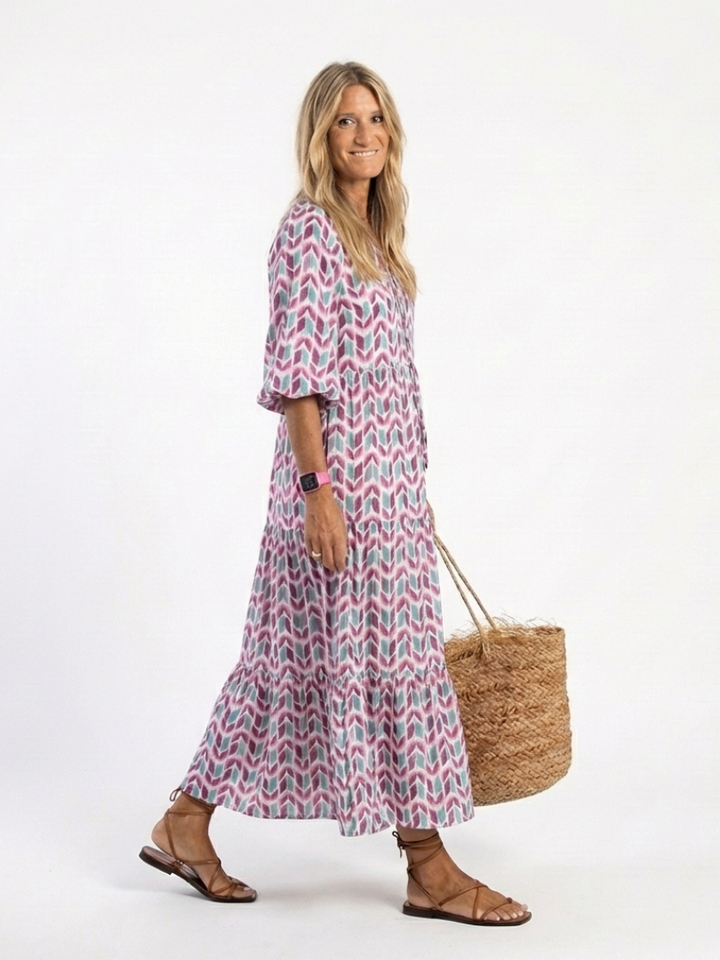Mireya | Abito Midi a Balze Maniche Lunghe Stampa Geometrica