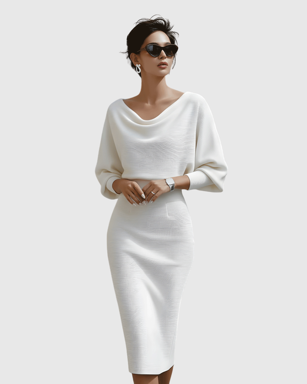Esme | Bianco Draped Batwing Midi Abito