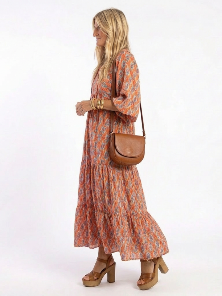 Marisette | Abito Midi a Balze Stampa Geometrica Scollo a V