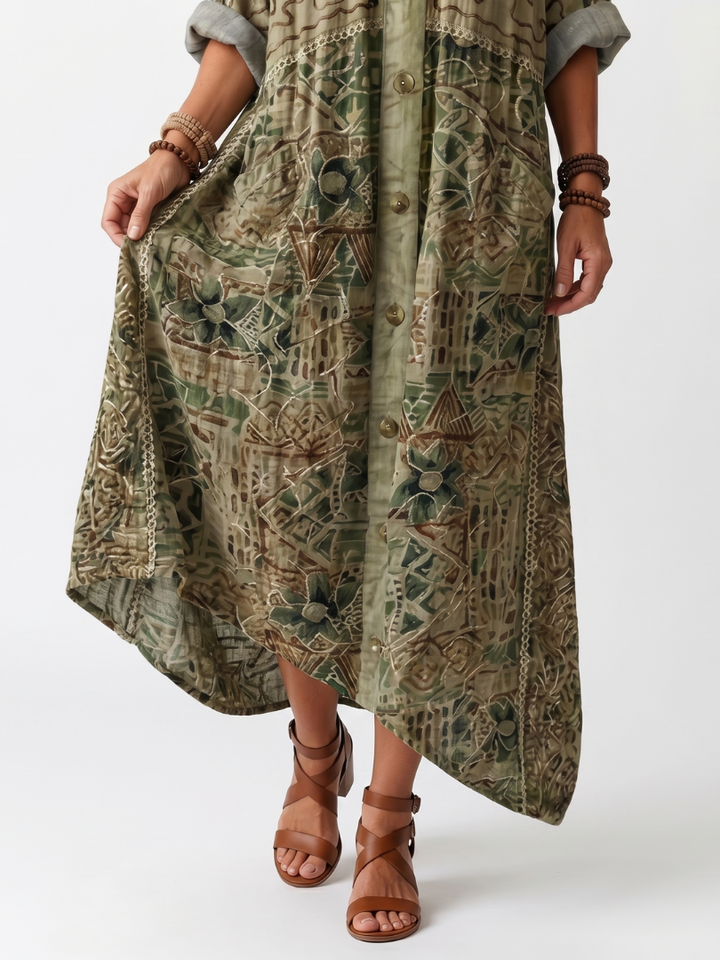 Aleta | Abito Midi con Bottoni, Ricami e Tasche Oversize