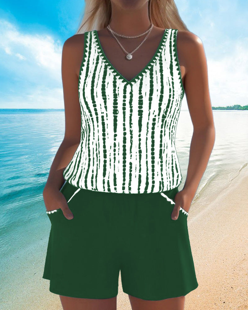 Mia | Costume da Bagno Due Pezzi Stampato Scollo a V con Tasche