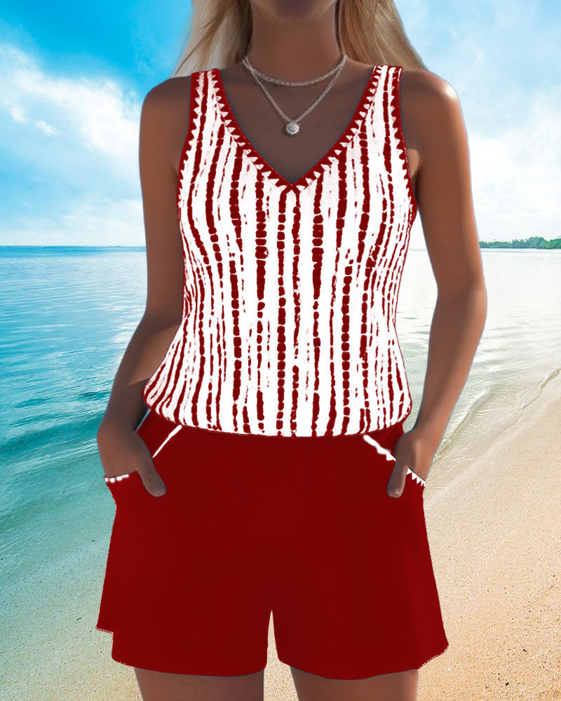 Mia | Costume da Bagno Due Pezzi Stampato Scollo a V con Tasche