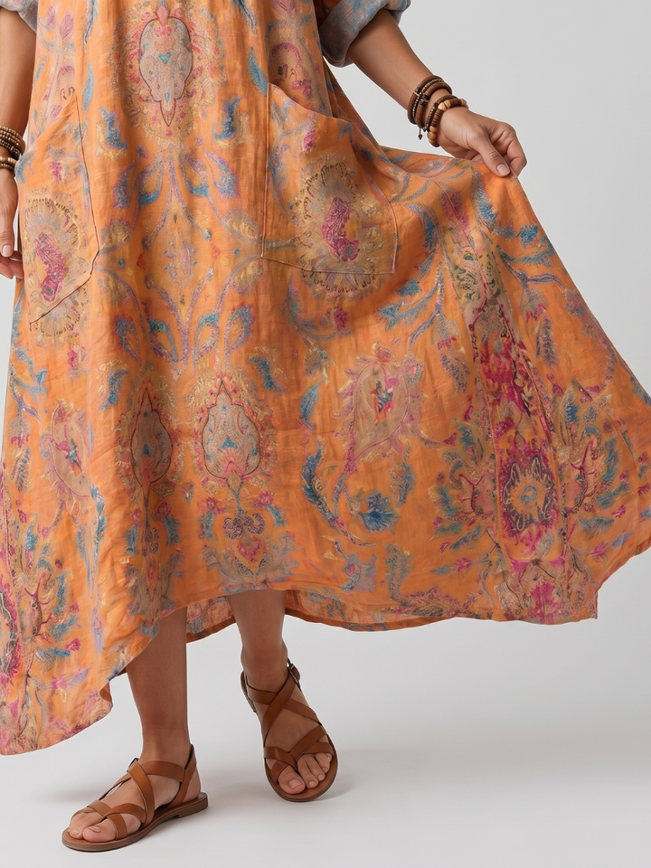 Romy | Abito Midi Stampato con Collo a Revere e Tasche Oversize