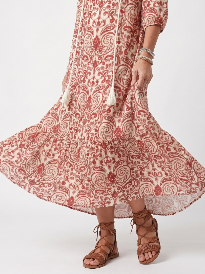 Noelle | Abito Midi a Stampa Elaborata con Coulisse e Nappine