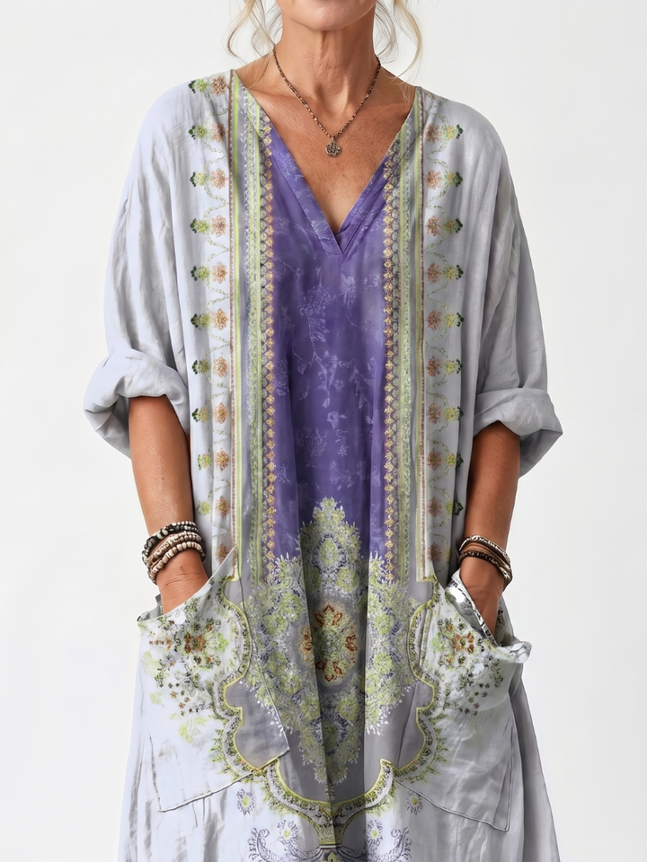 Raina | Abito Midi con Pannelli a Contrasto, Ricami e Tasche Oversize