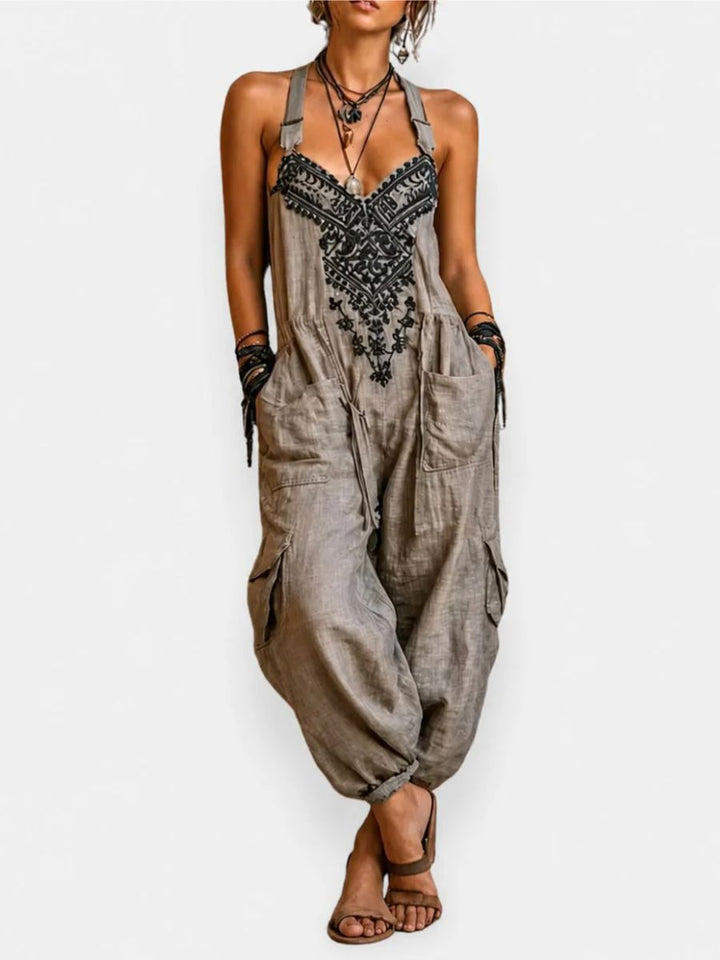 Olivia bohemian jumpsuit with embroidered bodice and patch pockets