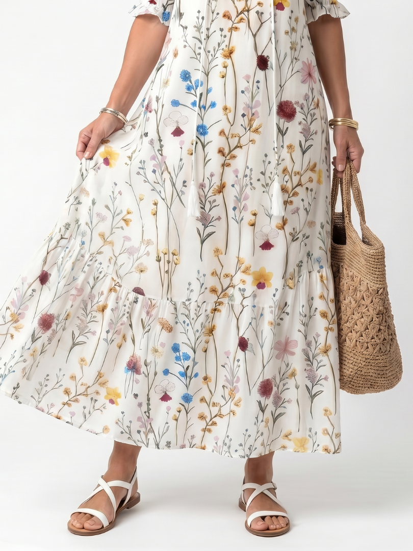 Sylvie | Abito Midi Stampa Botanica con Coulisse e Nappine