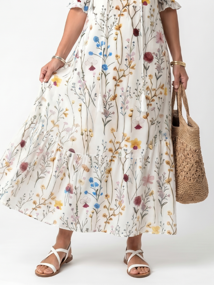Sylvie | Abito Midi Stampa Botanica con Coulisse e Nappine