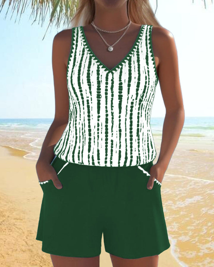 Mia | Costume da Bagno Due Pezzi Stampato Scollo a V con Tasche