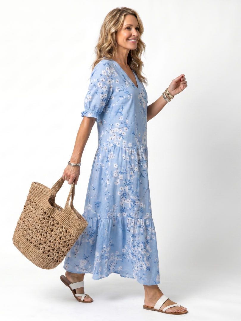 Alora | Abito Midi a Stampa Floreale con Coulisse e Nappine