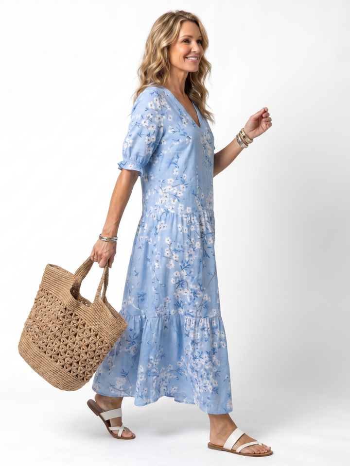 Alora | Abito Midi a Stampa Floreale con Coulisse e Nappine