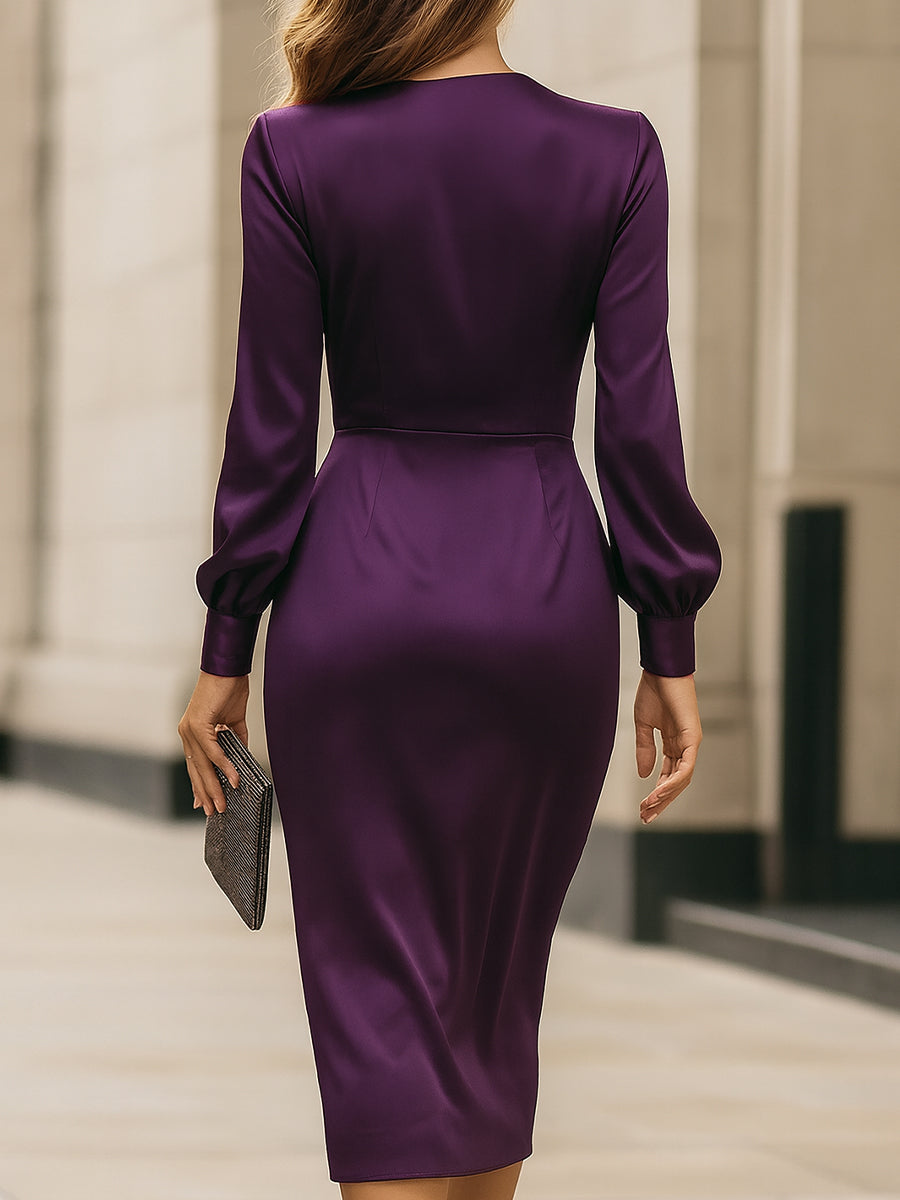 Clara | Deep Plum Raso Wrap Midi Abito