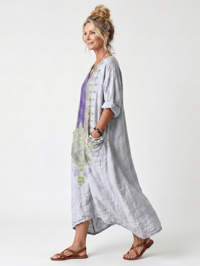 Raina | Abito Midi con Pannelli a Contrasto, Ricami e Tasche Oversize