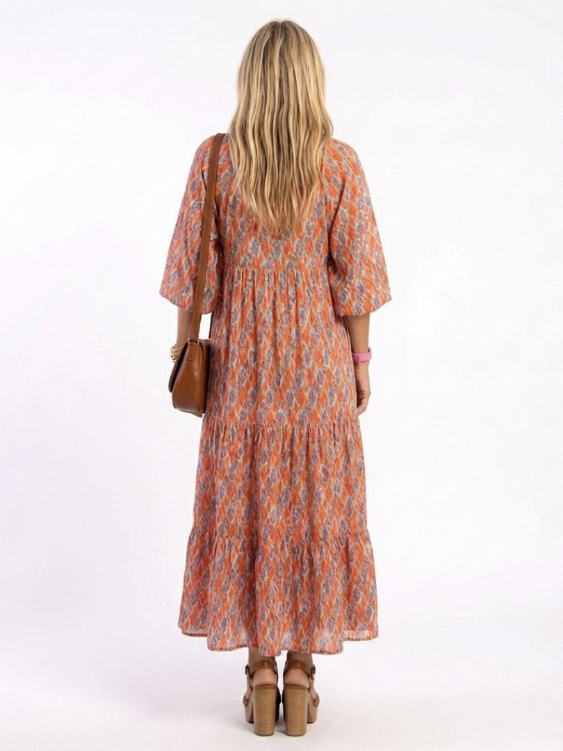 Marisette | Abito Midi a Balze Stampa Geometrica Scollo a V