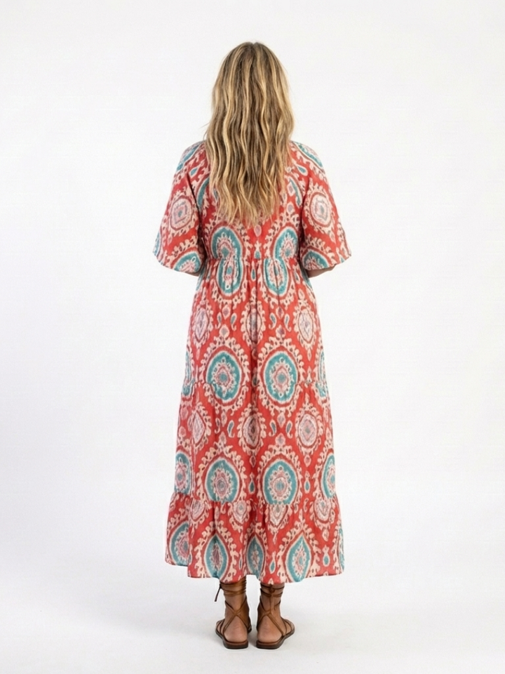 Zaria | Abito Midi Stampa Paisley Scollo a V Manica Corta